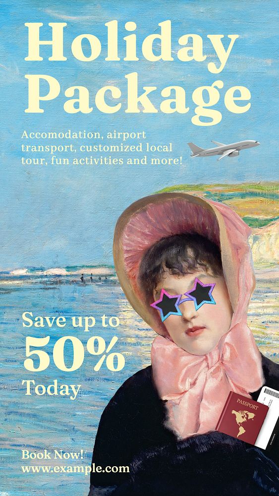 Vintage travel Instagram story template, holiday package, Jacques-Emile Blanche's and Claude Monet's famous artworks remixed…