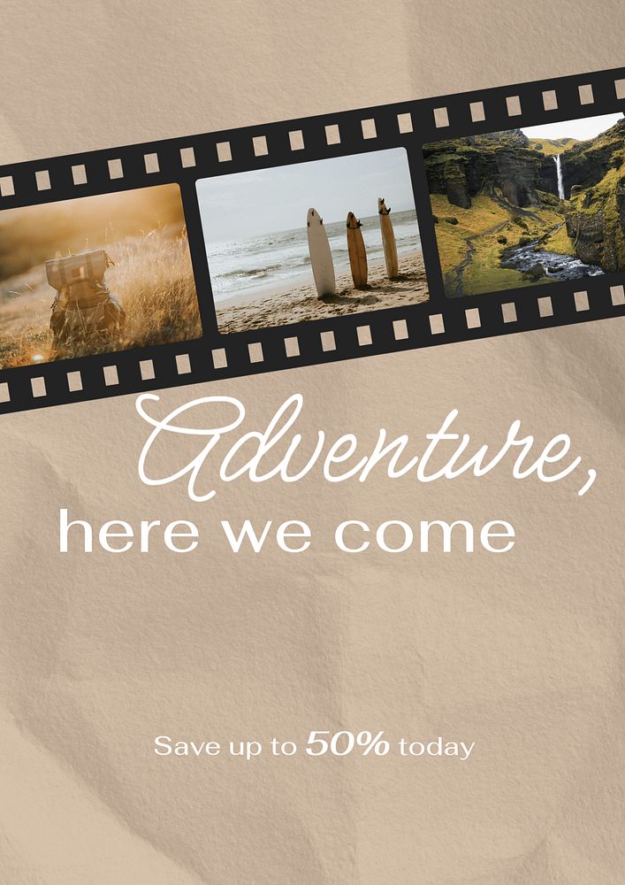Adventure film strip poster template, travel design