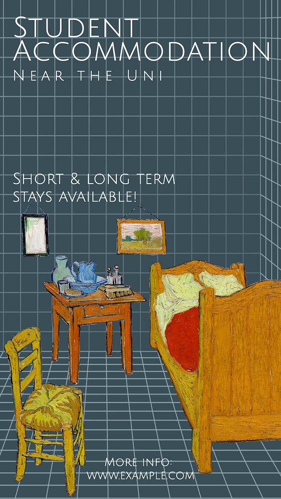 Student accommodation Instagram story template, famous Van Gogh's The Bedroom illustration, remixed by rawpixel.