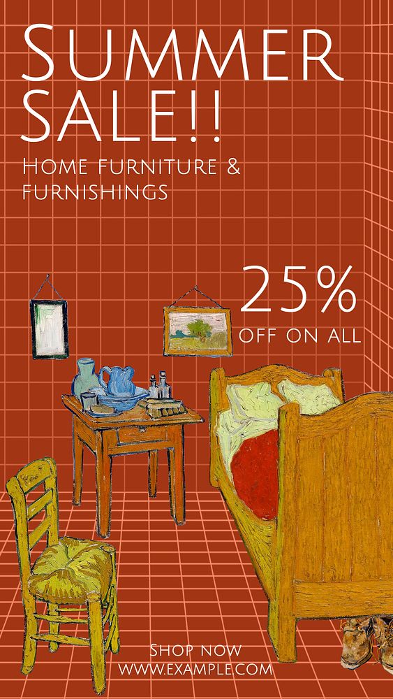 Summer sale Instagram story template, famous Van Gogh's The Bedroom illustration, remixed by rawpixel.