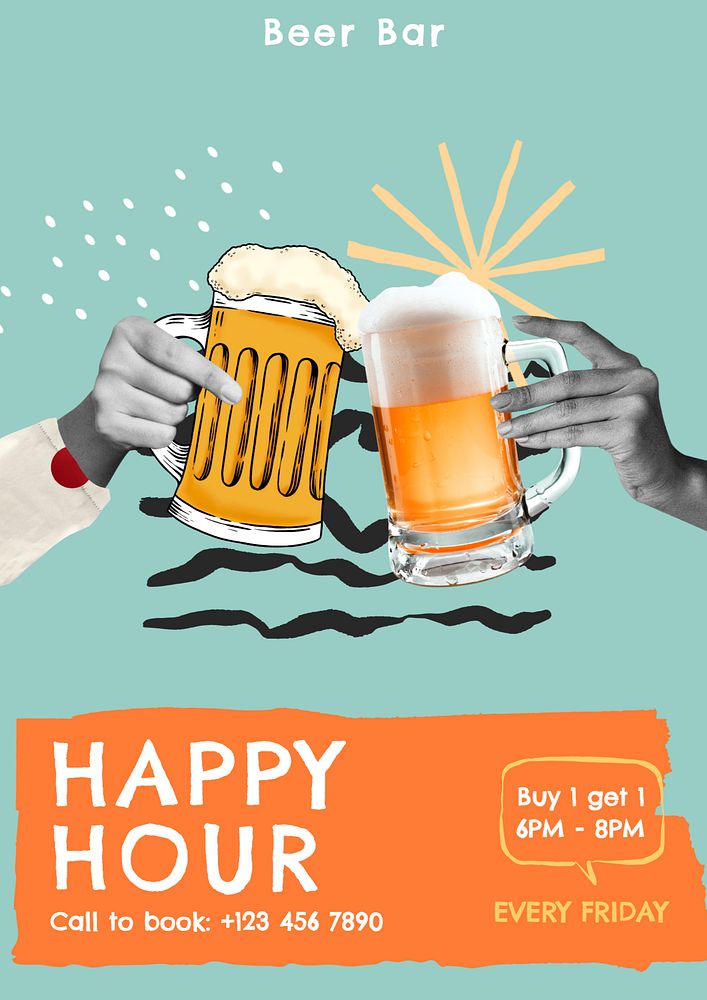 Beer happy hour poster template, editable text & design