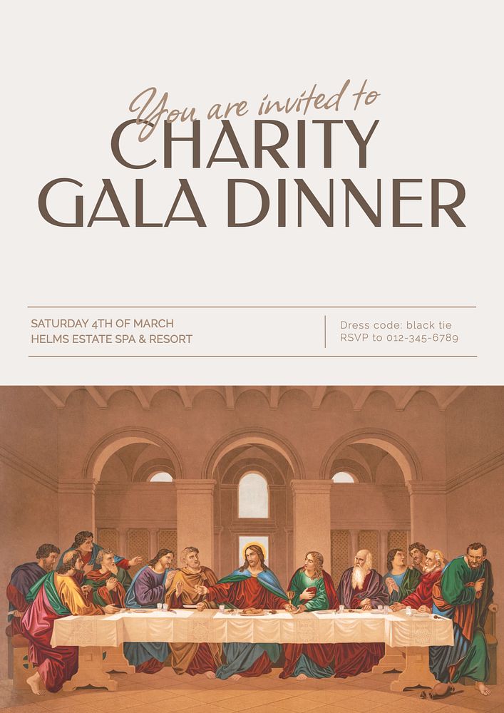 Charity gala dinner poster template, editable text & design