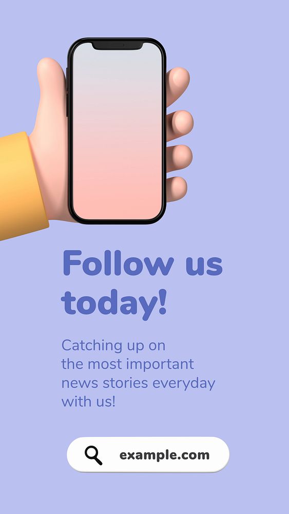 Editable purple follow us instagram story template with 3D illustration