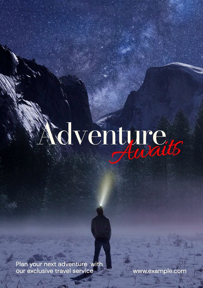 Adventure awaits, travel service poster template, editable text and design