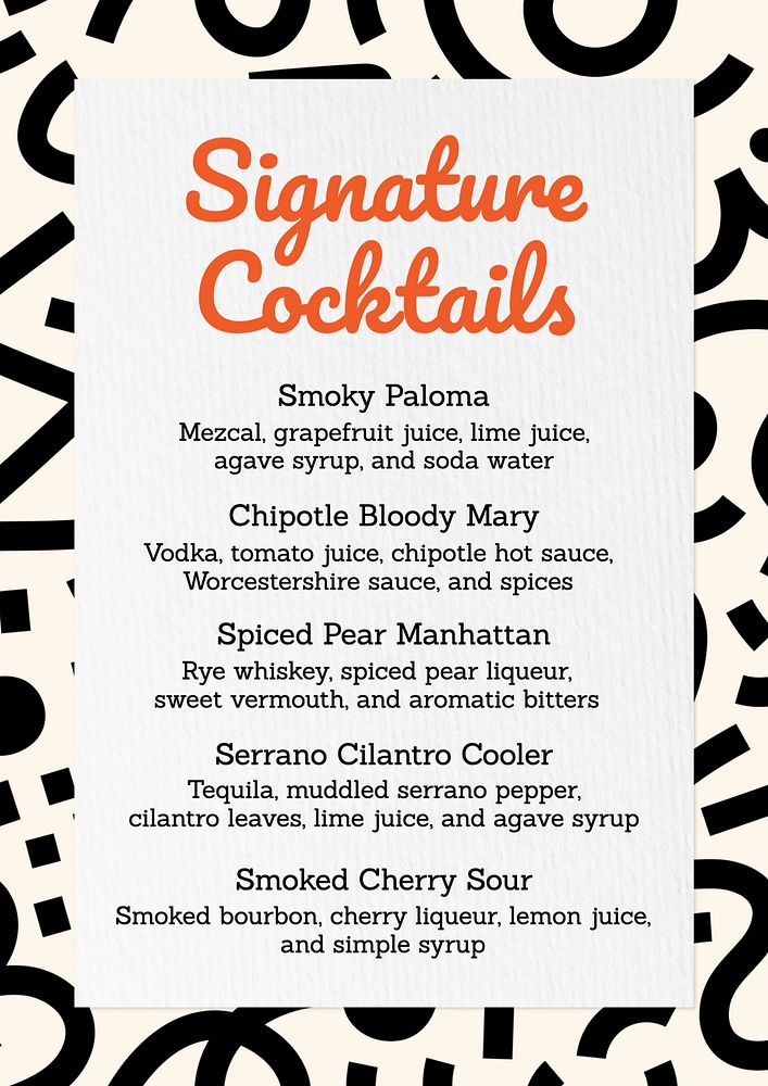 Cocktail menu poster template, editable text