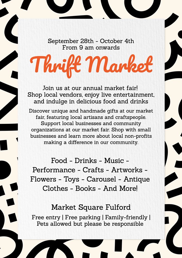 Thrift market poster template, editable text