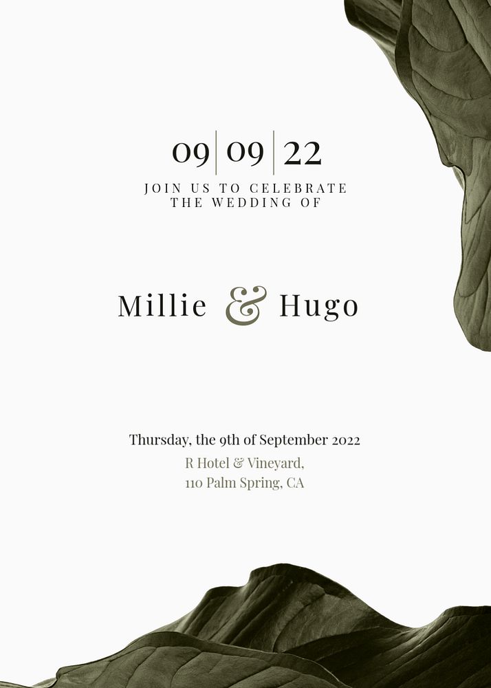 Minimal wedding invitation card template, editable botanical design