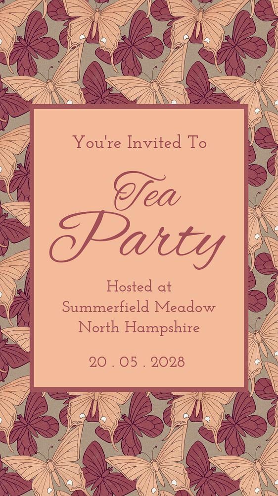 Tea party Instagram story template, vintage butterfly pattern, famous Maurice Pillard Verneuil artwork remixed by rawpixel