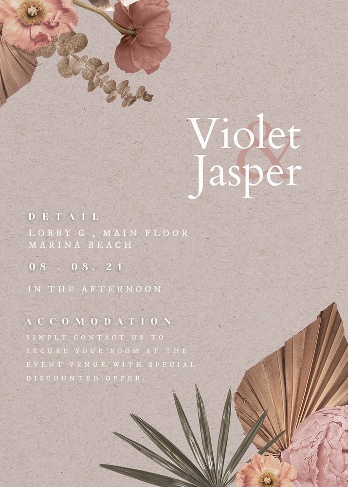 Floral wedding invitation card template, aesthetic editable design
