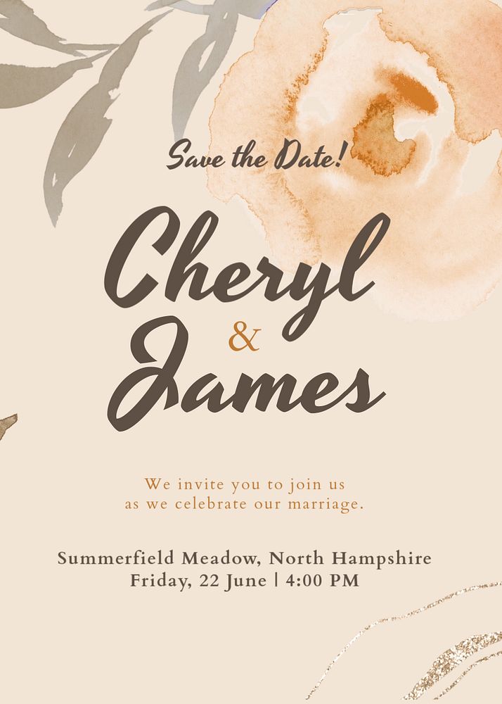 Watercolor wedding invitation template, floral Autumn aesthetic poster