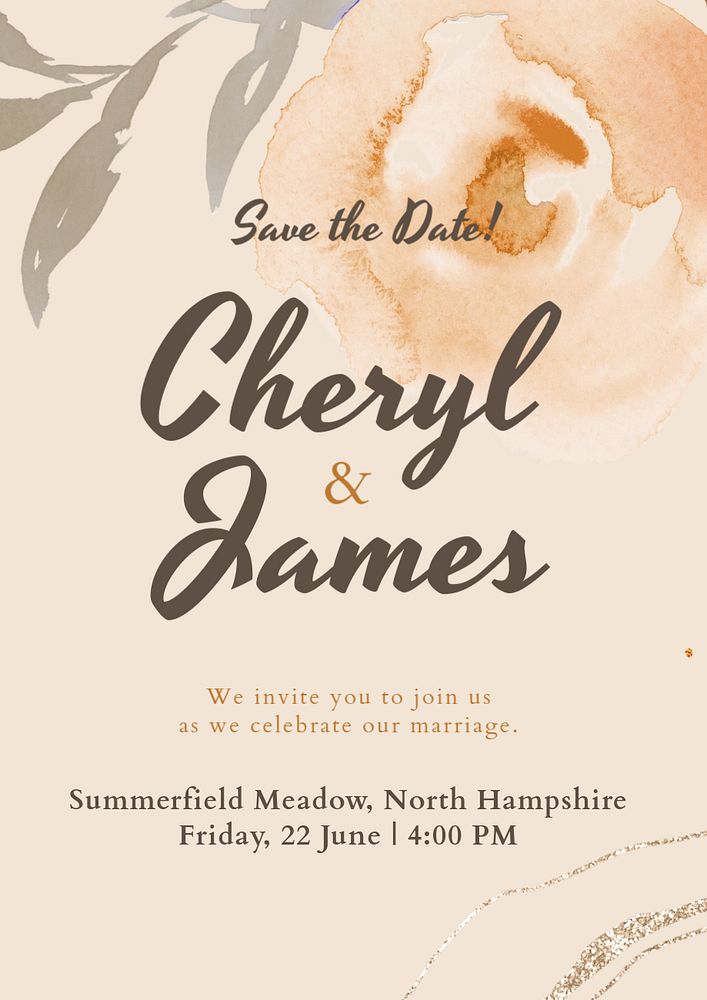 Watercolor wedding invitation template, floral Autumn aesthetic poster