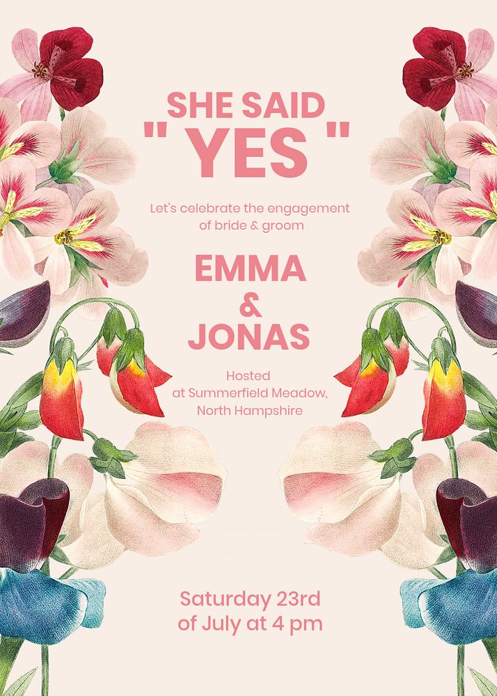 Flower wedding invitation template, editable text