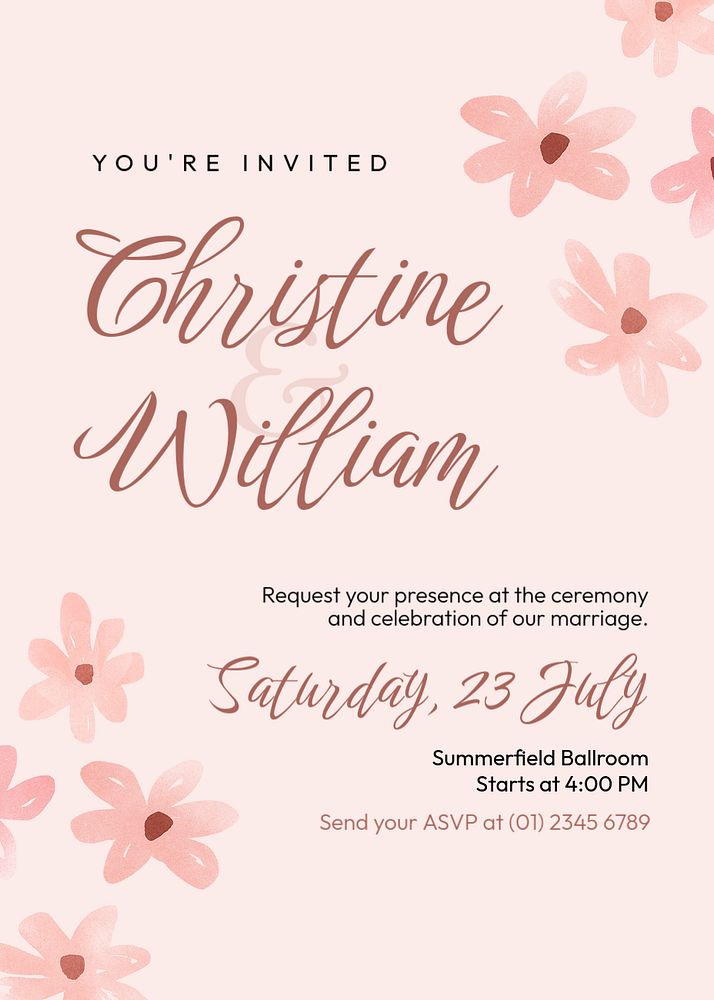 Floral wedding invitation template, pink Spring aesthetic poster