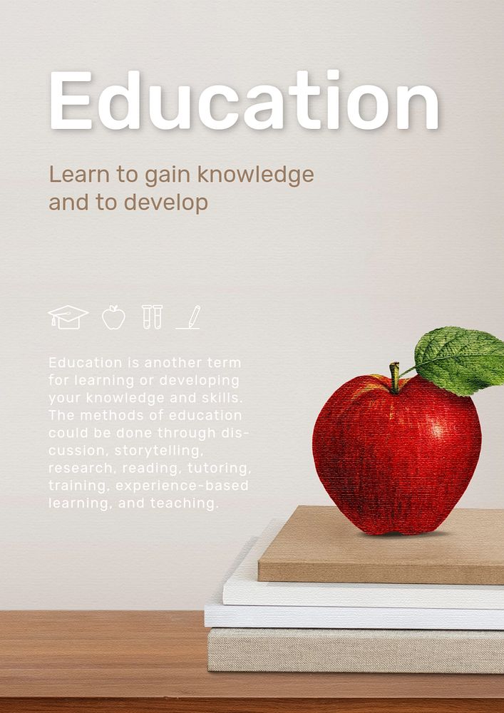 Education poster template, apple on stacked books