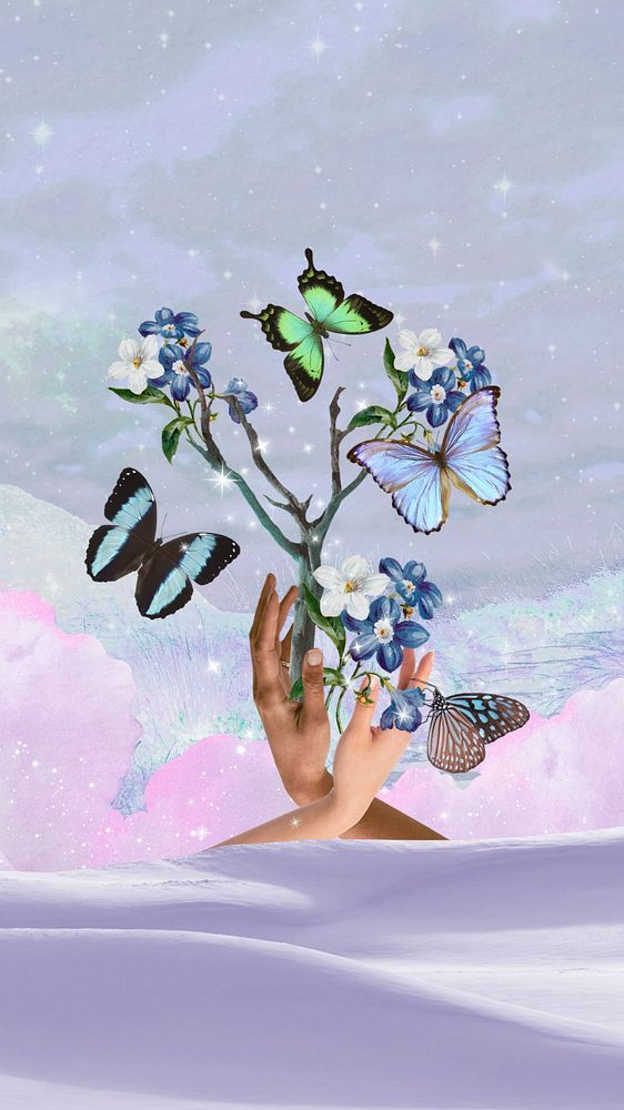 Aesthetic collage art  social story, butterflies and tree design