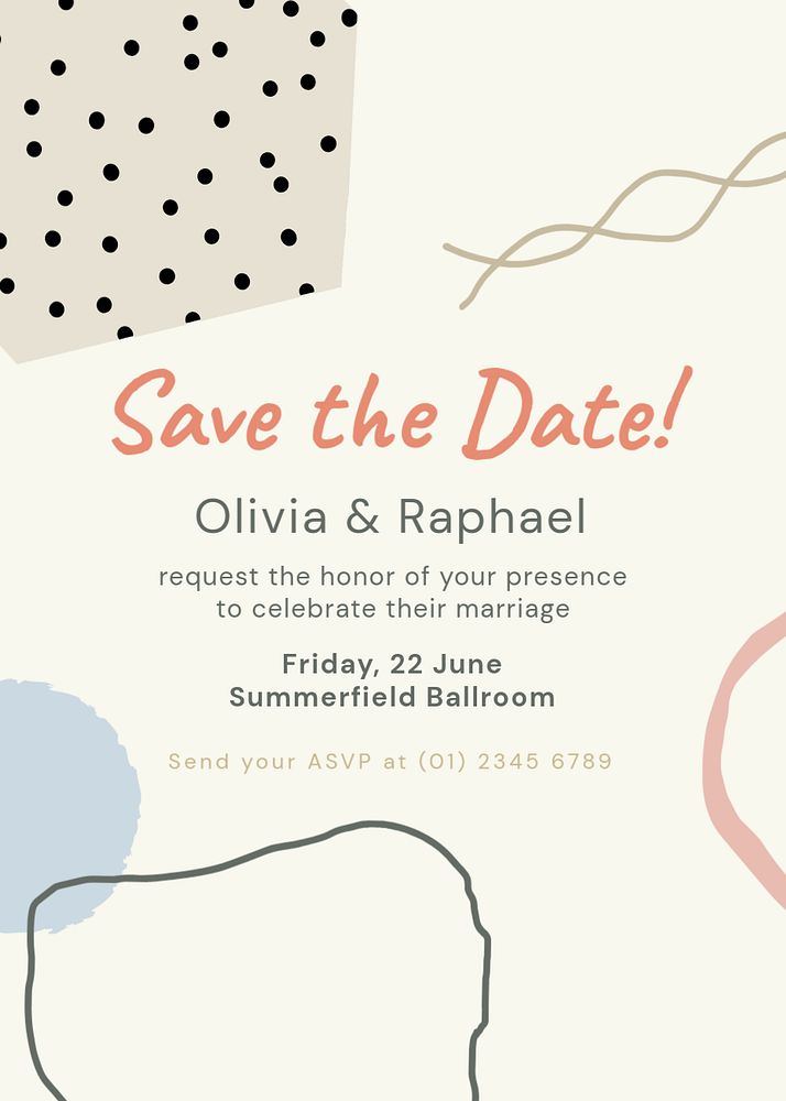 Memphis wedding invitation template, cute pastel poster