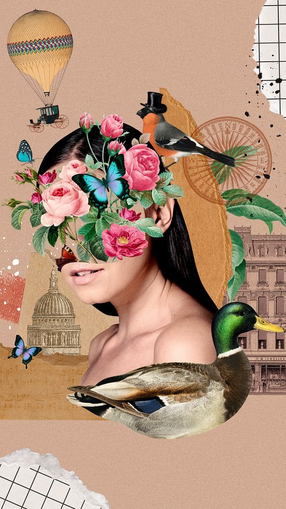 Surreal floral woman mobile wallpaper, abstract collage art