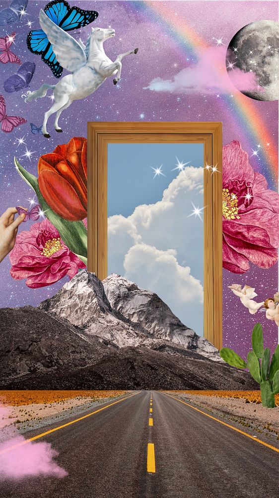 Magical road mobile wallpaper, aesthetic surreal escapism collage digital art