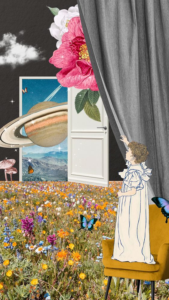 Portal to space phone wallpaper, surreal escapism collage art