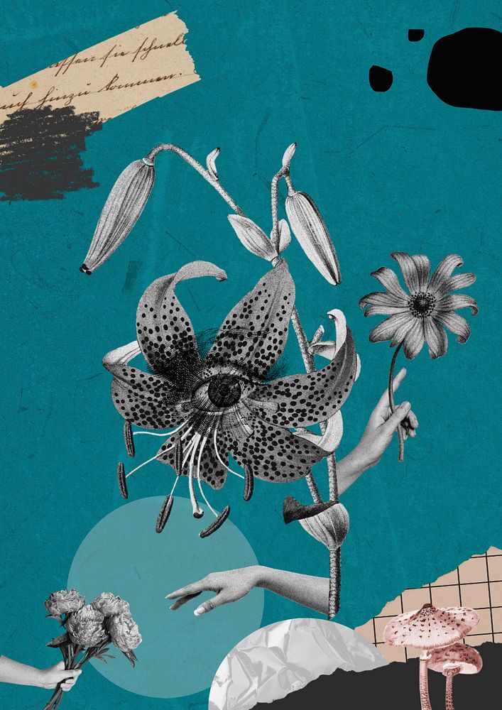 Creepy surrealism collage background, vintage flower design