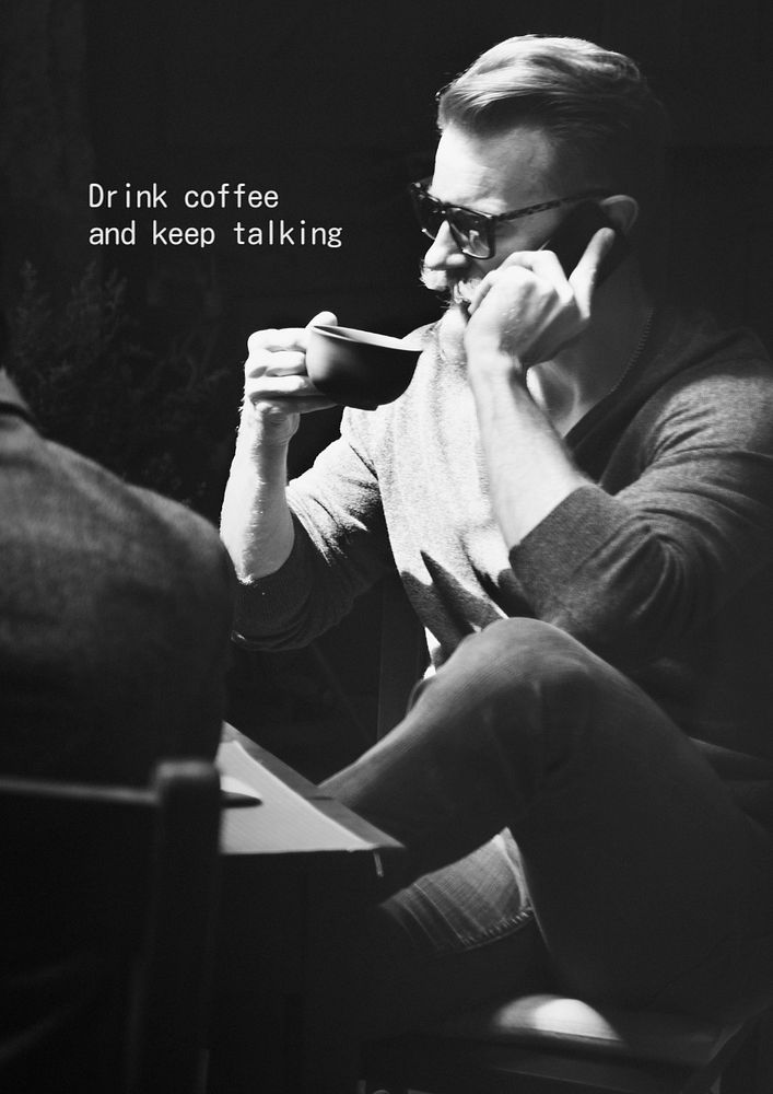 Coffee addict poster template, man having phone call photo