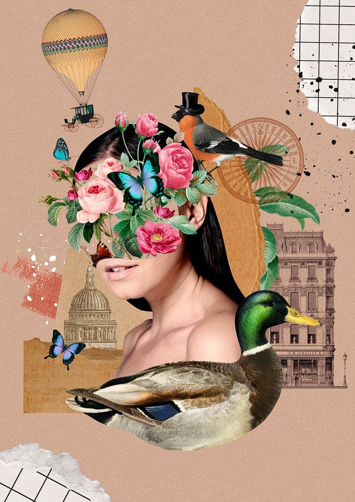 Surreal floral woman portrait background, abstract collage art