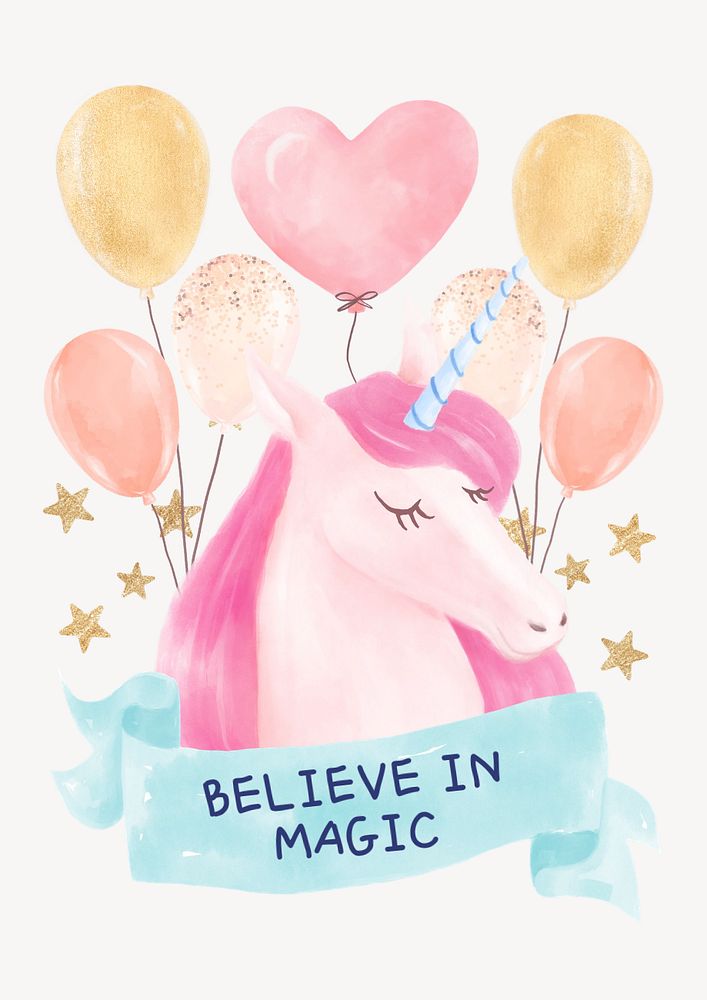 Cute unicorn poster template, watercolor design 