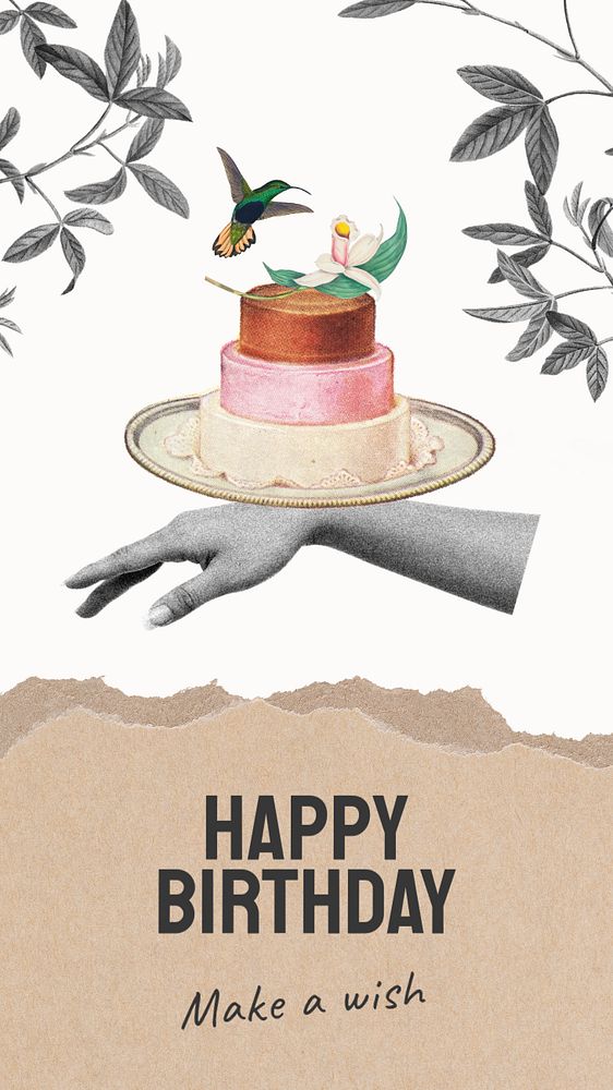 Vintage birthday Instagram story template, cake illustration