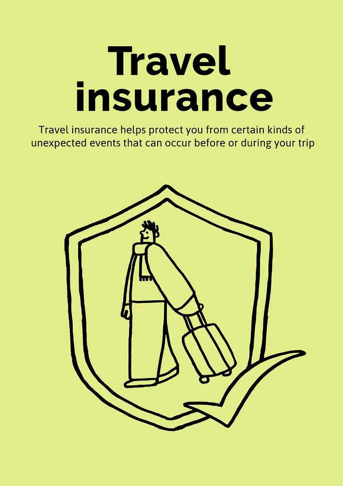 Travel insurance poster template, cute doodle 