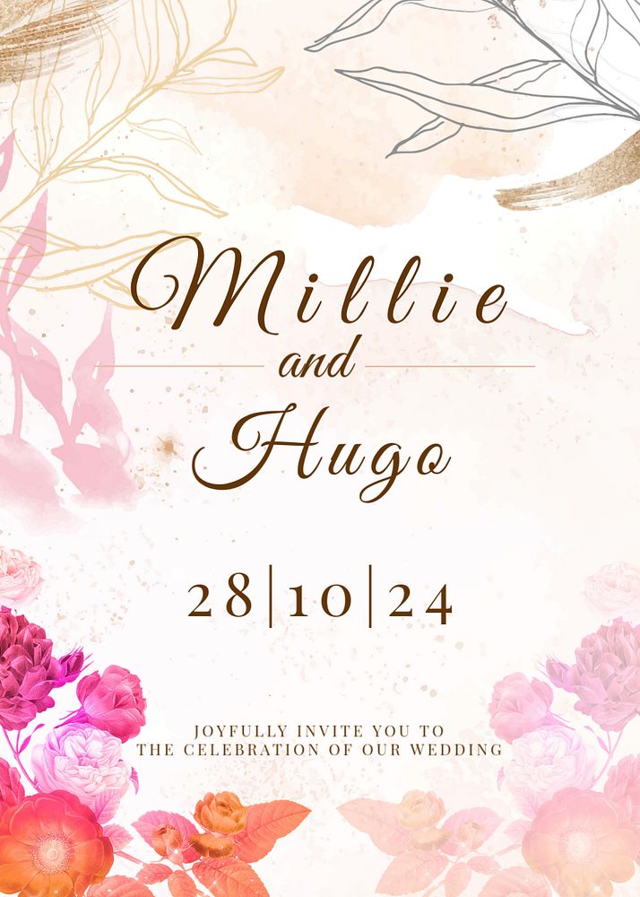 Floral aesthetic wedding invitation template, editable text