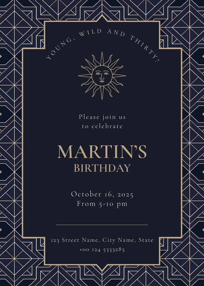 Birthday invitation card template, art deco design