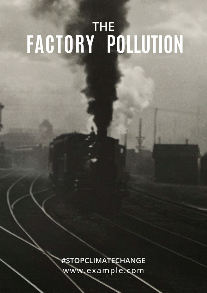 Factory pollution poster template, rail logistics design 