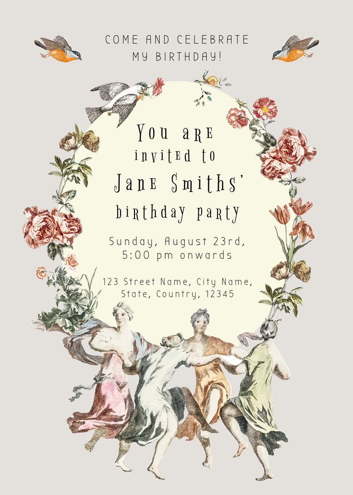 Vintage birthday invitation card template, botanical design