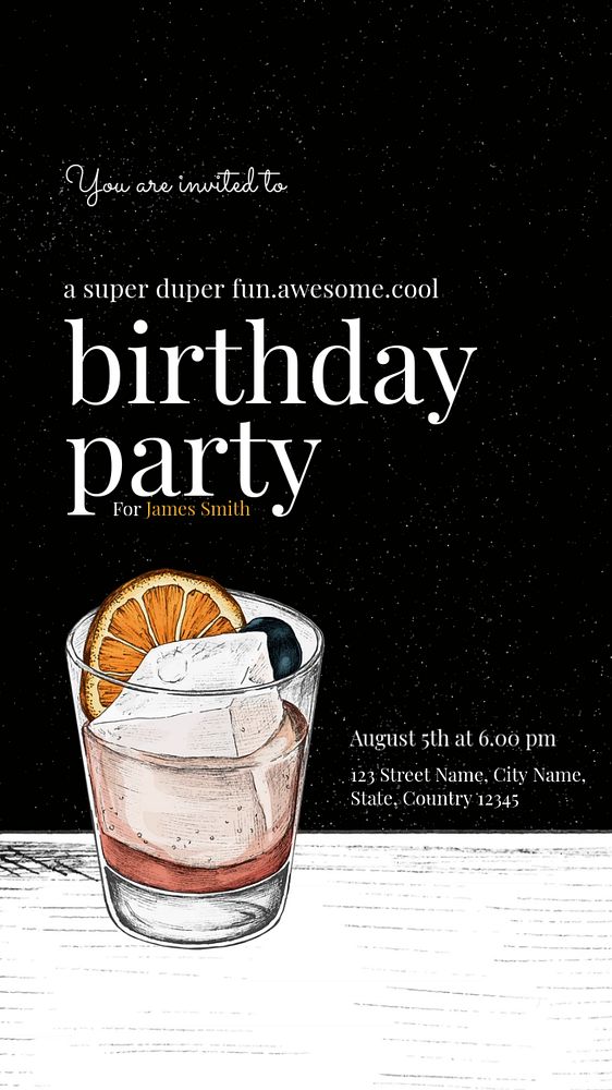 Black birthday Facebook story template, cocktail glass design