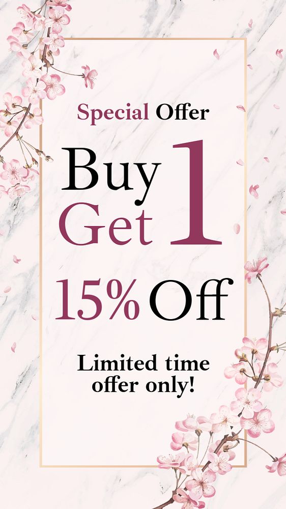 Special offer instagram story template, cherry blossom, editable text