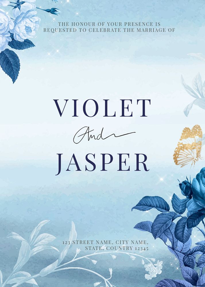 Blue aesthetic wedding invitation template, editable text