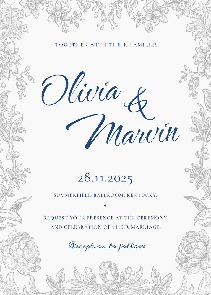 Blue wedding invitation card template, editable text