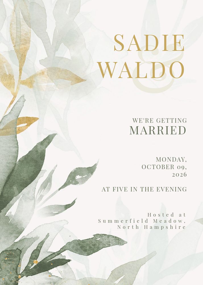 Green wedding invitation card template, editable text