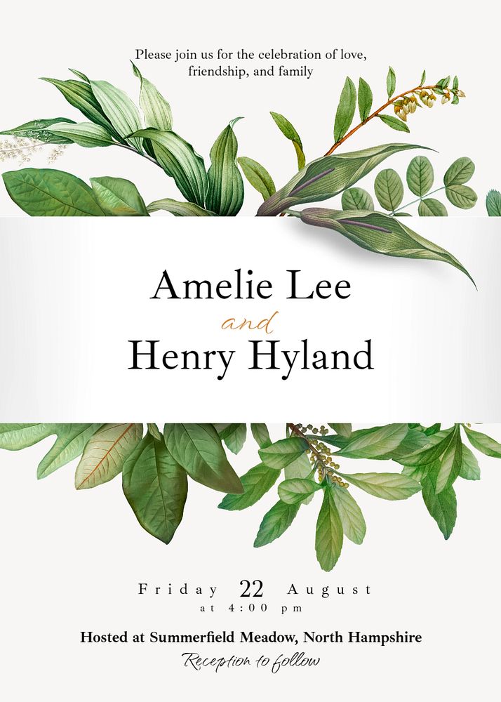 Wedding reception invitation card template, editable text