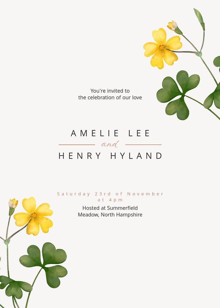 Summer wedding invitation card template, editable text
