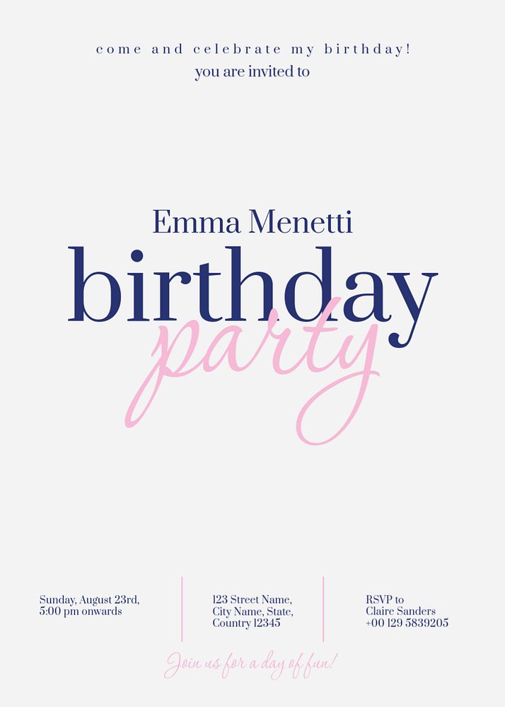 Birthday party invitation card template, editable text