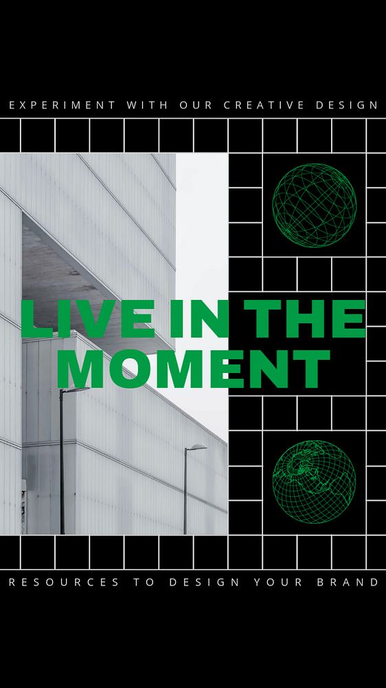 Green wireframe Instagram story template, live in the moment quote