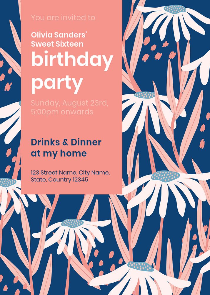 Birthday party invitation card template, editable text