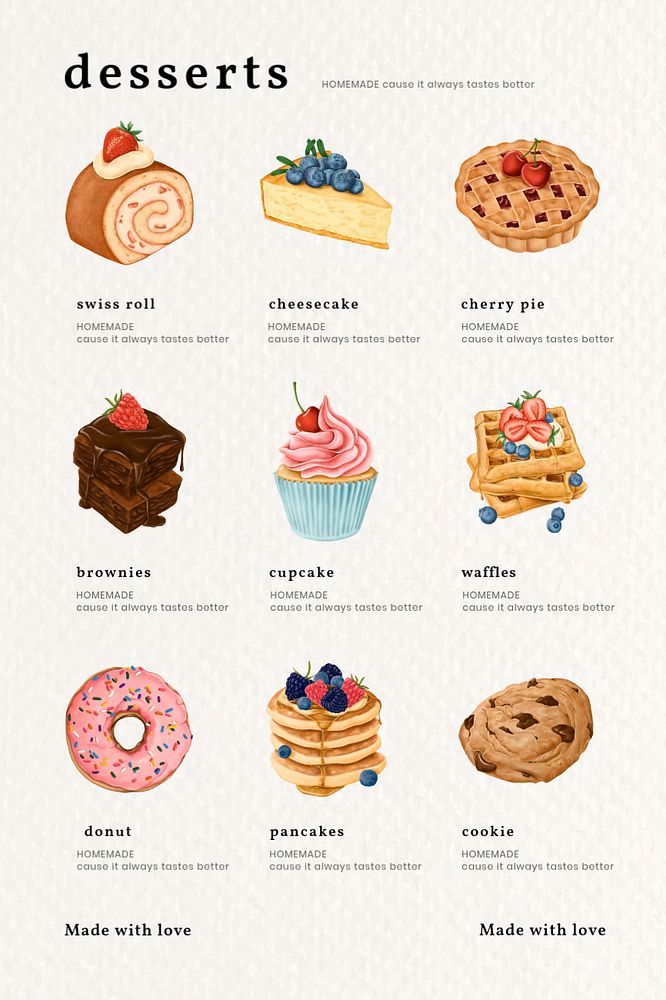 Dessert menu poster template, bakery illustration, editable text