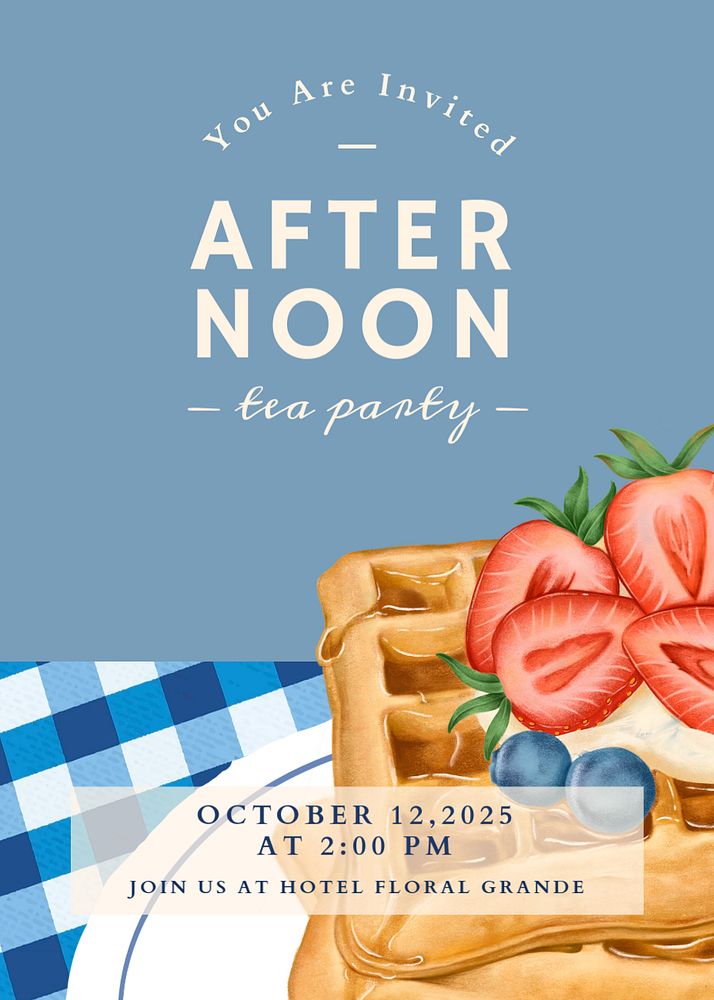 Tea party invitation card template, dessert illustration, editable text