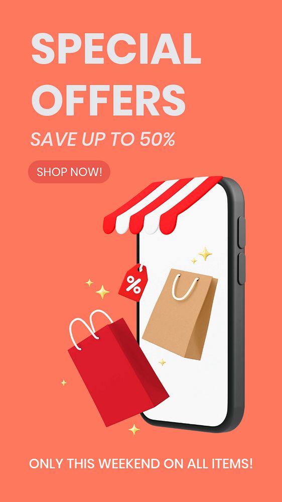 Shopping deals Facebook story template, editable text on 3D design