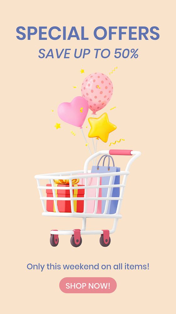 Online sale Facebook story template, editable text on 3D design