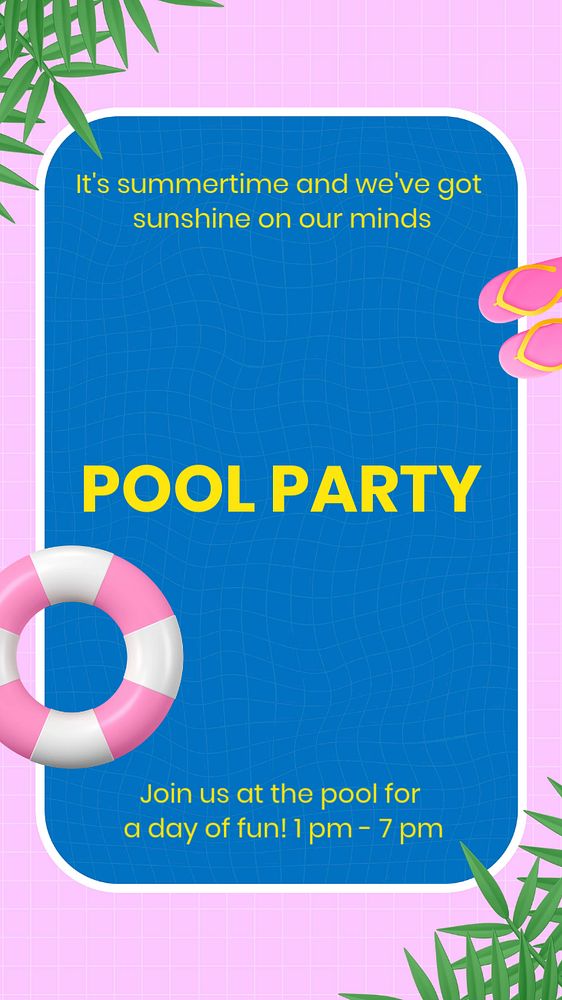 Pool party Facebook story template, 3D summer design