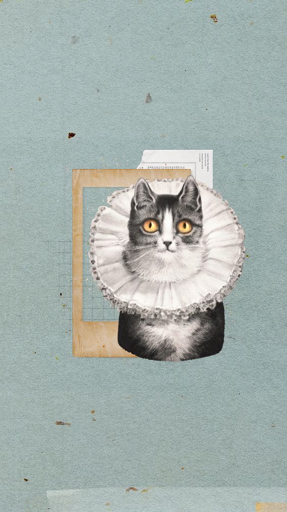 Vintage cat iPhone wallpaper, animal collage art, editable design