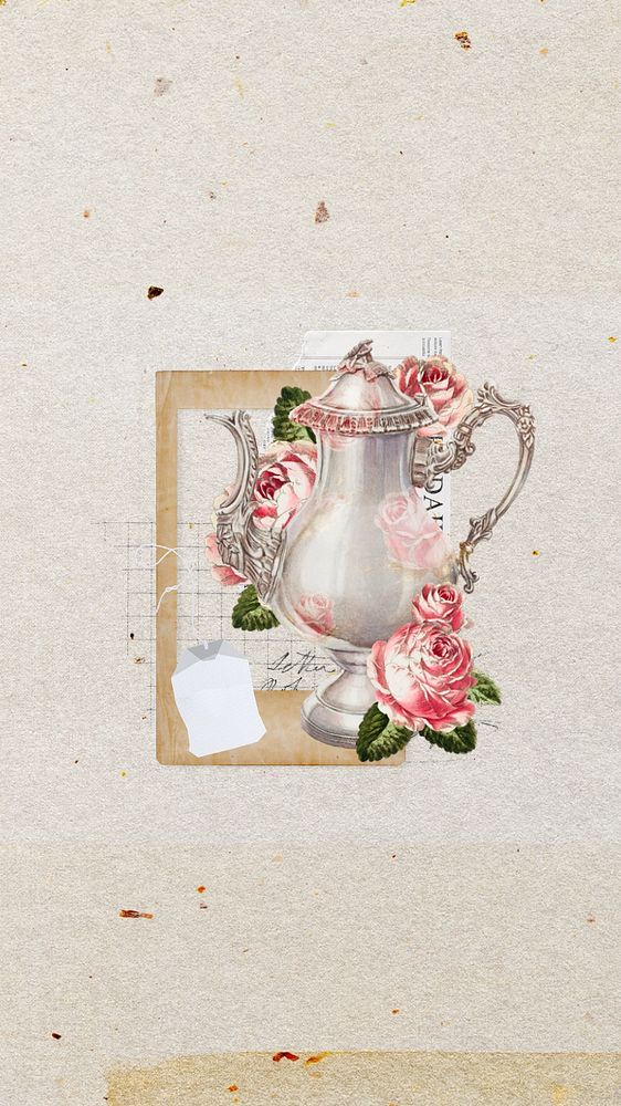 Vintage floral teapot, editable collage remix design